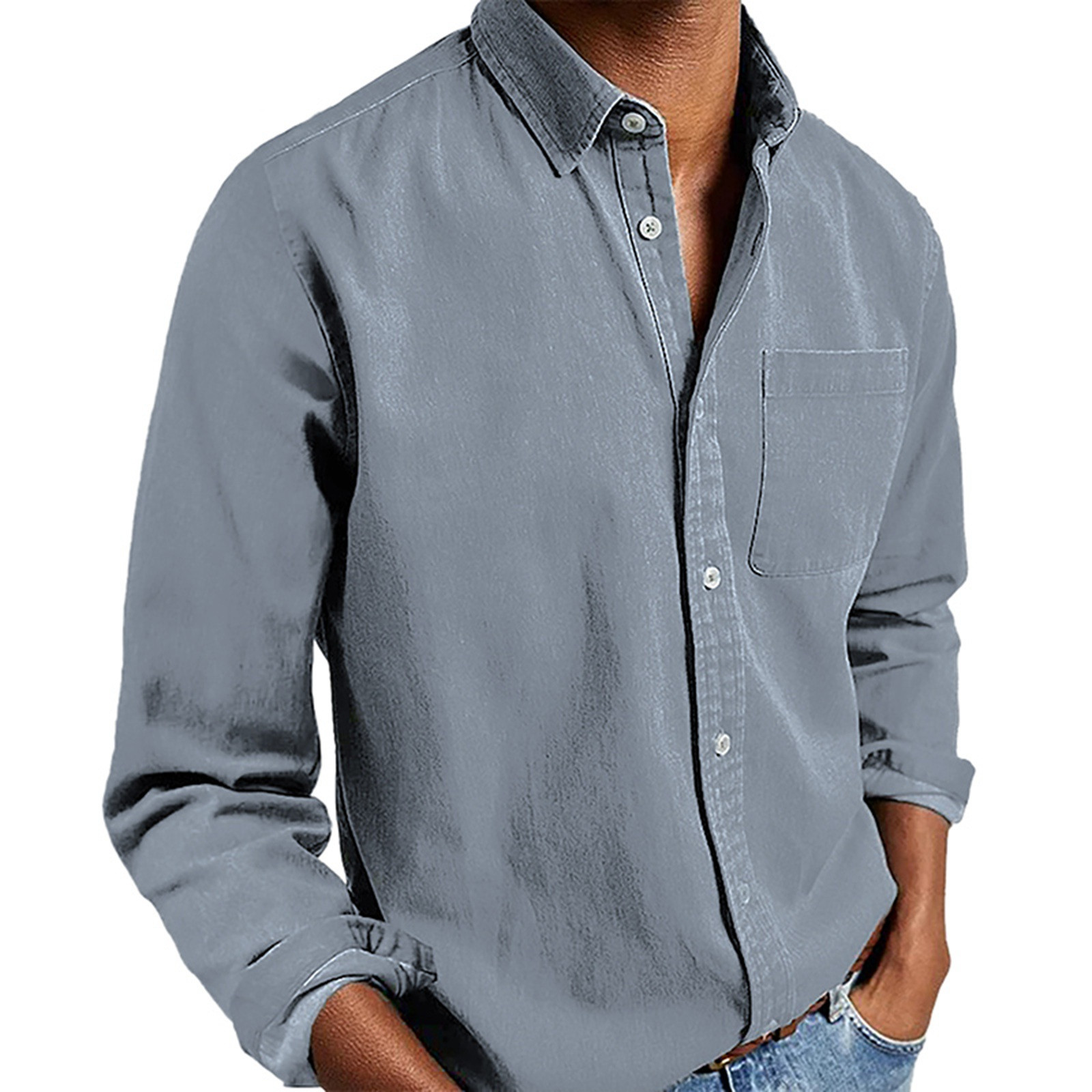 thumbnail image 1 of Camisa informal de manga larga con botones y color liso para hombre: prenda cómoda y moderna para el trabajo o las vacaciones, de poliéster y algodón, tallas S-XXXL., 1 of 8
